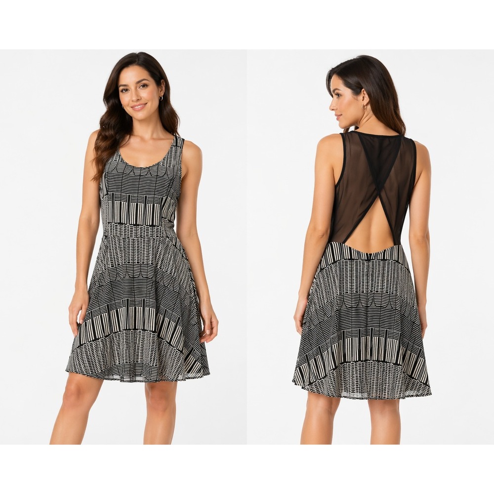 Lush Black Cream Geometric Fit‎ & Flare Dress Mesh Open Back Modern Chic Medium